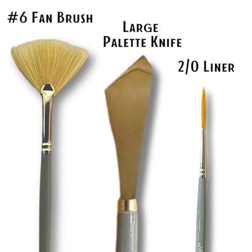 Adam Lashley 6 Piece Landscape Brush Set: 2 Inch, 1 Inch Oval, 6 Fan, Large Palette Knife, 3/4 Inch Mop Blender, 2/0 Script Liner for Wet on Wet Painting
