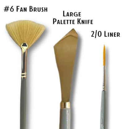 Adam Lashley 6 Piece Landscape Brush Set: 2 Inch, 1 Inch Oval, 6 Fan, Large Palette Knife, 3/4 Inch Mop Blender, 2/0 Script Liner for Wet on Wet Painting