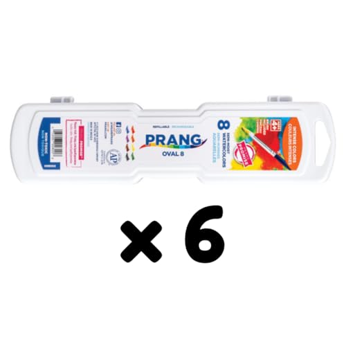 Prang Semi-Moist Watercolors 8-Color Oval Pan Set, Pack of 6 | Refillable, Wax-Free Pigments, Mixing Tray in Lid, Size 6 Paintbrush Included - style: 8 Count (Pack of 6)