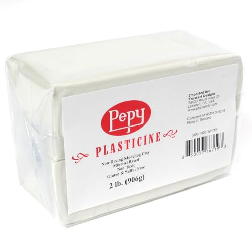 Pepy Reusable and Non-Drying Oil-Based Plasticine Modeling Clay, White, 2 Pounds, Sulfur-Free & Non-Toxic, Great for Kids, Beginners, and Artists, Perfect for Arts and Crafts Projects