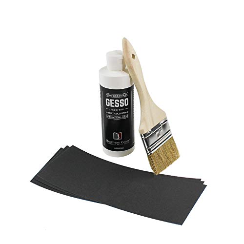 White Gesso Canvas Primer Bundle 8 oz. with Application Brush and Sandpaper. Keep Paint from Absorbing! Whether Acrylics, Oils, Watercolors or Pastels, Make Every Painting Look its Absolute Best - size: 8 oz Bundle