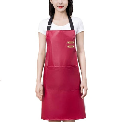 Waterproof Apron Large Pocket PU Material Waterproof Oil-proof Dust-proof Apron Black and Red - color: Red