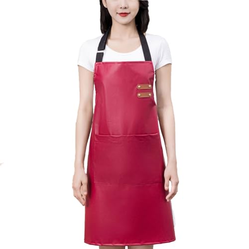 Waterproof Apron Large Pocket PU Material Waterproof Oil-proof Dust-proof Apron Black and Red - color: Red