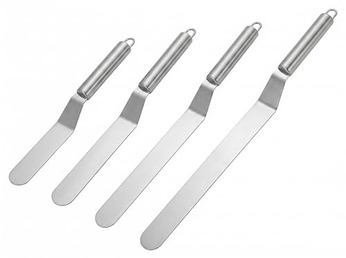 4-Piece Offset Spatula Set for Cake Decorating – Food-Grade Stainless Steel Angled Icing Spatulas with Ergonomic Handles – Frosting Tools for Cakes & Cupcakes (10", 12", 14", 16")