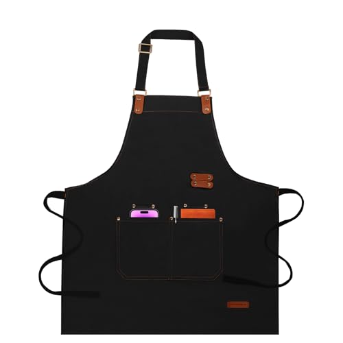 Chef Aprons for Women Men with Pockets(Functional and Large), Oil-Repellent & Water-Resistant Heavy-Duty Black Canvas with Adjustable Straps, Full-Coverage Protection for Cooking, Kitchen