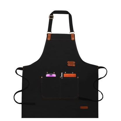 Chef Aprons for Women Men with Pockets(Functional and Large), Oil-Repellent & Water-Resistant Heavy-Duty Black Canvas with Adjustable Straps, Full-Coverage Protection for Cooking, Kitchen