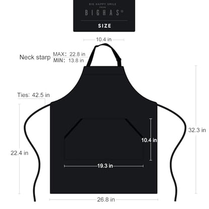 BIGHAS Adjustable Bib Apron with Long Ties for Women Men 18 Colors Chef Kitchen Cooking - color: Black