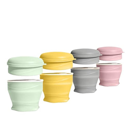 Collapsible Cup 4-Pack with Lids - 6oz Mini Silicone Folding Travel Cup with Stainless Steel Rim - BPA Free Small Portable Pocket Cups for Camping, Hiking, Kids, Mouthwash & Pills - color: Green Yellow Gray Pink