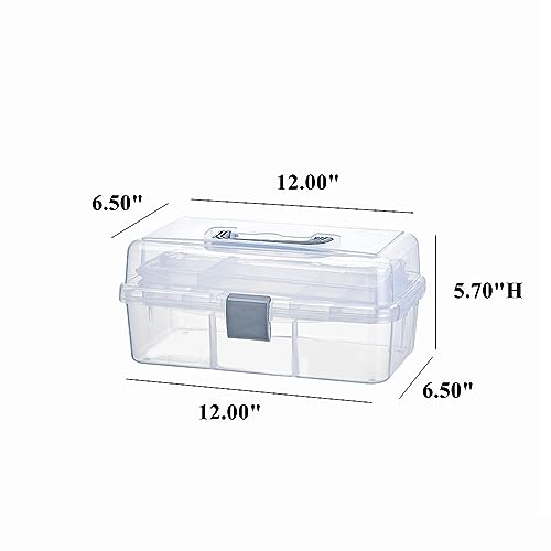 2-Tier Trays Clear Gray Plastic Storage Container Organizer Box, Multipurpose Portable Carrying Case with Latch Lock and Handle for Art, Craft, Sewing Supplies, First Aid, Makeup