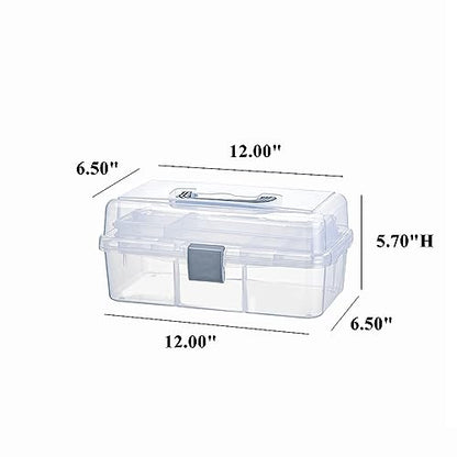 2-Tier Trays Clear Gray Plastic Storage Container Organizer Box, Multipurpose Portable Carrying Case with Latch Lock and Handle for Art, Craft, Sewing Supplies, First Aid, Makeup