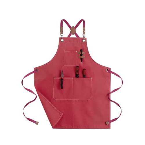 Chef Aprons for Men Canvas Apron with Large Pockets and Adjustable Neck Strap for Cooking,BBQ, Gardening - color: Hot Pink