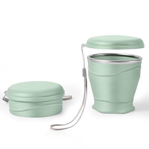 8.8oz/260ml Collapsible Silicone Cup with Lid,BPA-Free,304 Stainless Steel Rim,Portable Cup for Travel,Camping, Hiking,Outdoor Sports (Light Green) - color: Light Green