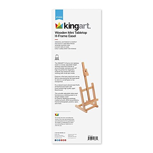 KINGART 16" Mini Tabletop Wooden H-Frame Studio Easel - Artists Adjustable Beechwood Painting and Display Easel, Holds Up to 12" Canvas - Portable Sturdy Table Desktop Artwork Holder Stand