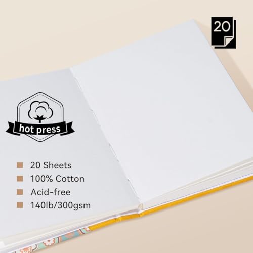 Arrtx Watercolor Journal, 5.35x3.86 Hot Press | 140LB/300GSM, 100% Cotton, Hardcover, 20 Sheets. Ideal Travel Notebook for Artists, Adults, and Students - size: 5.35x3.86''