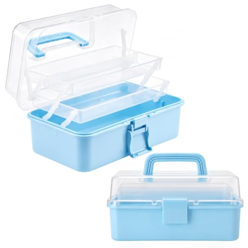 Flytreal 3-Layer Plastic Storage Box with Handle, Small Blue Tool Box Craft Organizer and Storage, Portable Multipurpose Organizer Box for Art Supplies, Makeup, Medicine, Sewing, Stationary, Pencils - color: Blue