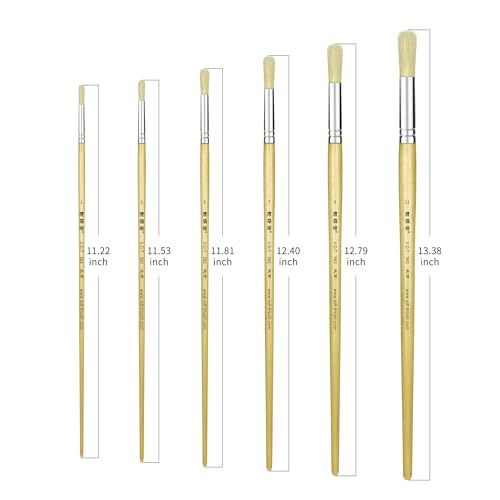 XDT#582 Round Tip Artist Paint Brush 6 Piece Set Medium Stiff Hog Bristle Extra Long Handle #2#4#6#8#10#12, Best Brush for Painting Oil Acrylic Watercolor On Canvas - size: Even Sizes (Round 6-PCS)