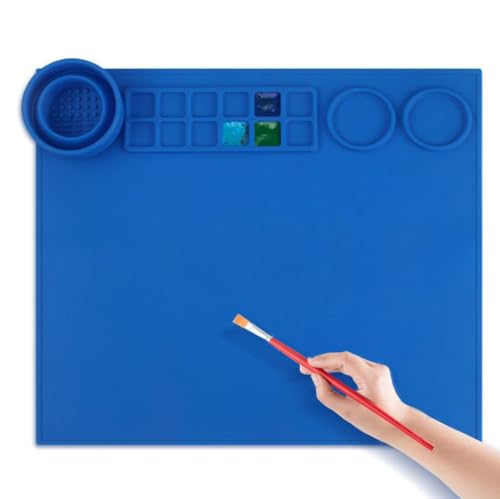 Silicone Painting Mat Art Mat with Cup Craft Paint Brush Cleaner Tool Artist for Kids Gift Clay DIY Creations Paint Tray Palette Craft Mats to Protect Table for Work Art Supplies (Blue) - color: Blue