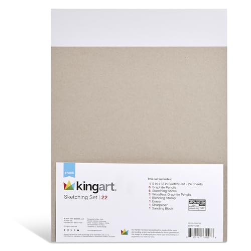 KINGART 22-Piece Professional Sketching Kit with 9x12 Drawing Pad – Includes 12 Graphite Pencils, 6 Soft Pastels, Blending Stump, Kneaded Eraser, and Sharpener – Versatile Artist Set for Shading
