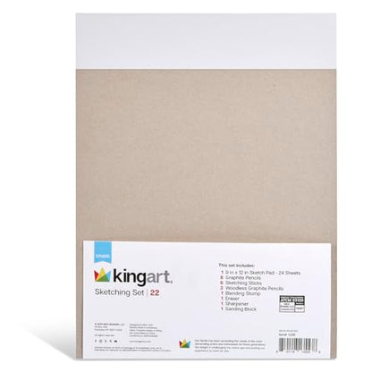 KINGART 22-Piece Professional Sketching Kit with 9x12 Drawing Pad – Includes 12 Graphite Pencils, 6 Soft Pastels, Blending Stump, Kneaded Eraser, and Sharpener – Versatile Artist Set for Shading