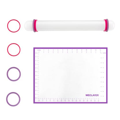 Clay Roller with Thickness Rings and 16" x 12" Silicone Clay Mat with Measurement,Oven-Safe Work Mat with Texture,Reusable Silicone Non-skid Pad,Clay Rolling Pin,Polymer Clay Tools