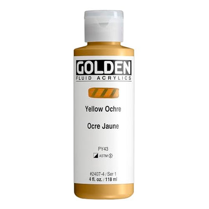 GOLDEN Fluid Acrylics, Yellow Ochre, 4 fl. oz. Bottle, Professional Acrylic Paint, Semi-Opaque