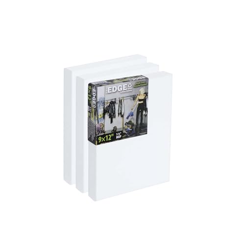 The Edge Eco-Friendly Recycled Cotton Stretched Canvas for Painting - 9x12 Box of 3 - Medium-Textured, Triple Acrylic Primed All Media Painting Canvas, 320gsm, 1-1/2 in. Deep Pine Stretchers - size: 9x12 in