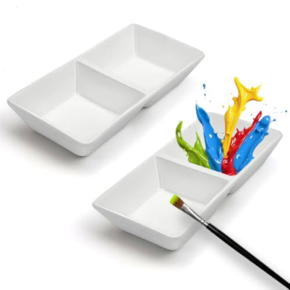 2 Pack Ceramic Paint Palette 2 Well Watercolor Painting Mixing Palette Dish for Watercolor Acrylic Oil Paint Studio Outdoor Use