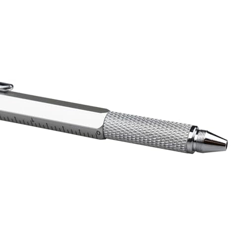 DUNBONG 6-in-1 Multi Pen, Stylus/Screwdriver, 0.7mm Black - Silver | Aluminum prismatic non-slip grip | Rotary no-cap design | Ruler & level built-in | Refillable | Long-lasting clip - color: Silver