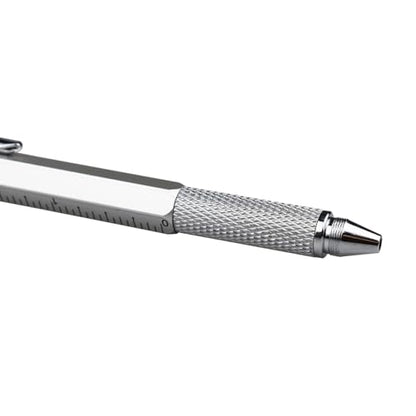 DUNBONG 6-in-1 Multi Pen, Stylus/Screwdriver, 0.7mm Black - Silver | Aluminum prismatic non-slip grip | Rotary no-cap design | Ruler & level built-in | Refillable | Long-lasting clip - color: Silver