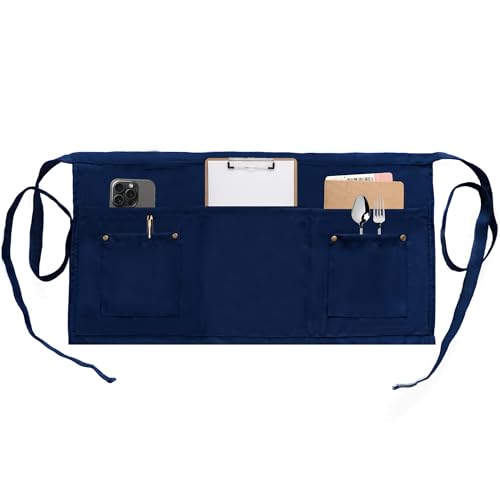 Server Apron with 5 Pockets - Rivet buckle Unisex Short/Half Waiter Waist Short Apron - color: Dark Blue