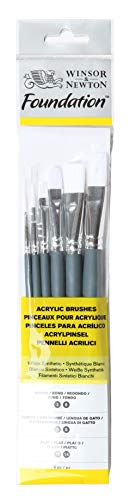 Winsor & Newton Foundation Acrylic Brush Set, SH, 6 Pack - size: Round 3 & 6, Filbert 3 & 6, Flat 10 & 14, style: Short Handle