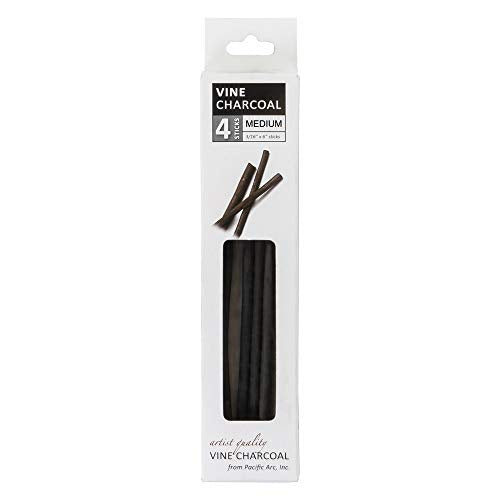 Pacific Arc Artist Vine Charcoal, Medium, Black 4 Charcoal Sticks for Drawing, Sketching, and Fine Art - style: Medium | 4 Sticks