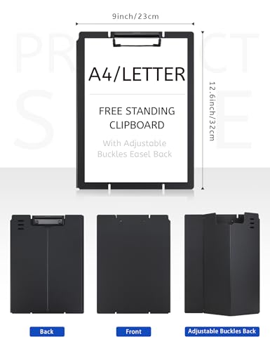 Free Standing Clipboard and Desktop Stand with Adjustable Buckles Easel Back - Foldable Stand and Document Holder for School, Office and Business Use (9.37 x 12.6 inches) (Black) - style: Black