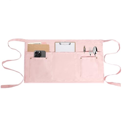 Server Apron with 5 Pockets - Rivet buckle Unisex Short/Half Waiter Waist Short Apron - color: Pink