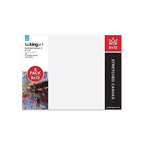 KINGART Stretched White Canvas Set – Rectangle, 9x12 Inch, 8-Pack – 100% Cotton, Triple Gesso Primed – 5/8" Profile Back-Stapled Artist Boards for Acrylic, Oil, Pouring, & Mixed Media Painting - size: 9" x 12"