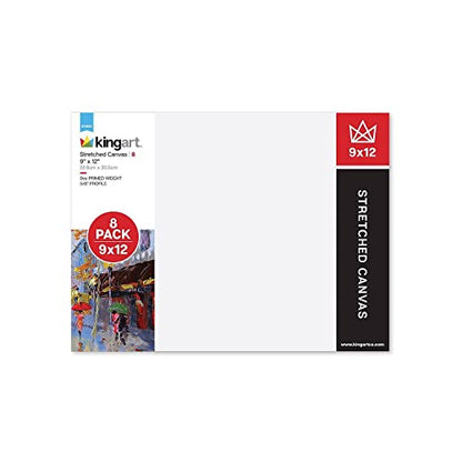 KINGART Stretched White Canvas Set – Rectangle, 9x12 Inch, 8-Pack – 100% Cotton, Triple Gesso Primed – 5/8" Profile Back-Stapled Artist Boards for Acrylic, Oil, Pouring, & Mixed Media Painting - size: 9" x 12"