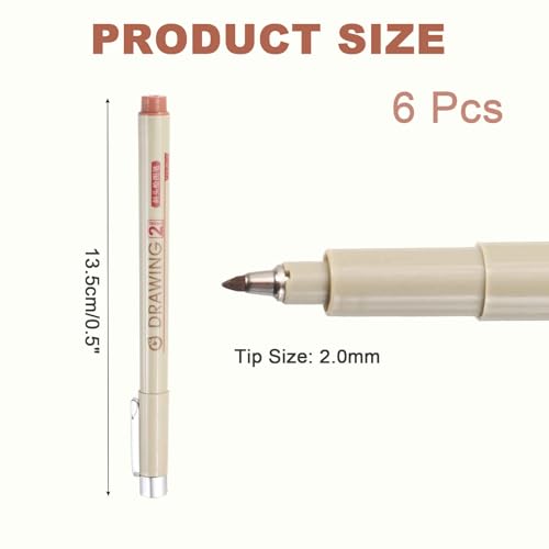 MECCANIXITY 2 Fineliner Ink Pens, 6Pcs 2.0mm Brown Micro Pens with Waterproof Archival Ink for Watercolor Sketching Cartoon Technical Drawing - style: 2#
