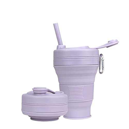 Silicone Coffee Cup with Straw lid Collapsible Cups for Traveling 20oz Lightweight Folding Water Mug for Picnic Hicking Camping Climbing - color: Purple