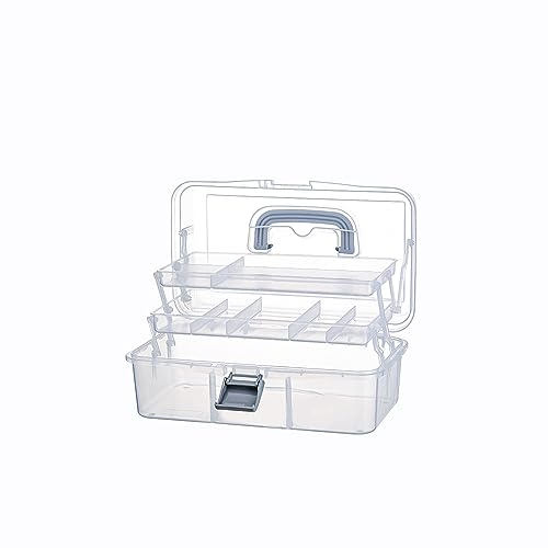 2-Tier Trays Clear Gray Plastic Storage Container Organizer Box, Multipurpose Portable Carrying Case with Latch Lock and Handle for Art, Craft, Sewing Supplies, First Aid, Makeup