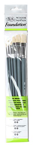Winsor & Newton Foundation Oil Hog Brush Set, Long Handle, 6 Pack - size: Round 3 & 6, Filbert 3 & 6, Flat 10 & 14 (Long)