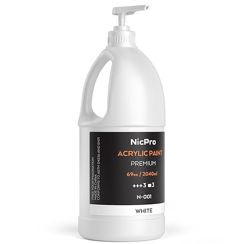Nicpro White Large Acrylic Paint (69 oz, 2040 ml), Rich Pigments, Non Toxic | Craft Paint for Multi Surface, Canvas, Wood, Leather, Fabric, Rock, Art Painting Supplies for Beginners Artists with Pump - color: White, size: 69 Fl Oz (Pack of 1)
