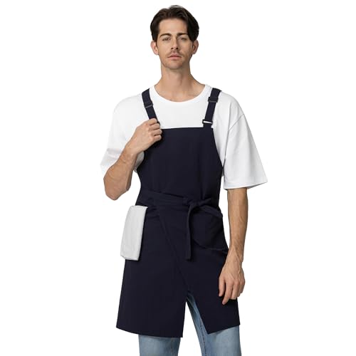 Unisex Waterproof Apron Restaurant Cooking Cafè Flower Shop Baking Kitchen Length Adjustable - color: Navy