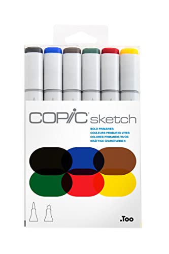 Copic Sketch Alcohol Markers, 6 Color Dual Tip Art Marker Set – Blendable Brush Tips for Drawing, Sketching, and Illustration – Professional Set for Adults/Teen Artists & Creators - Bold Primaries - color: Bold Primaries