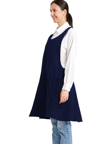 Cozy Adjustable Cross Back Aprons for Women with Pockets Cotton Linen Cooking Kitchen Baking - color: Navy Blue