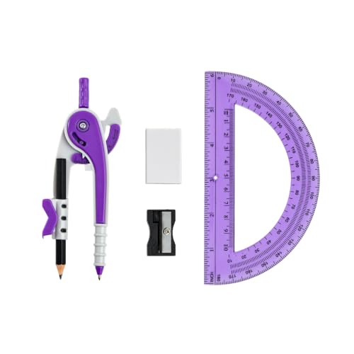 Vobou Compass for Geometry Set, 6 Inch Protractor, Clear Plastic (Purple) | 6 Inch Compass, Sharpener and Eraser, Easy Grip, Drafting Tool for Scool, Art, Drawing Precision Design for Math - color: Purple
