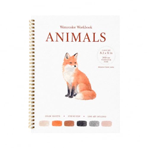 Drawmend Watercolor Workbook for Beginners, 11x8.3 in Large Size Water Coloring Book, 300 GSM Premium ThickPaper Lay-Flat Spiral for Adult,12 Step-by-Step Projects (Animals, Without Palette) - color: Animals, size: Without Palette