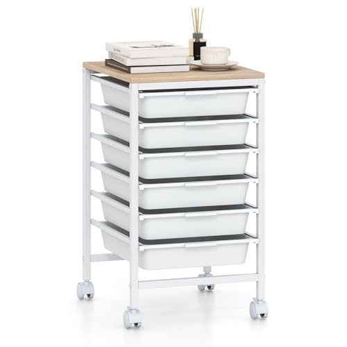 GOFLAME 6-Drawer Rolling Storage Cart, Craft Storage Cart with Wood Tabletop and Lockable Wheels, Art Cart Supply Storage Organizer with Metal Frame for Home Office Classroom, White - color: White, size: 6-Drawer with Wood Top