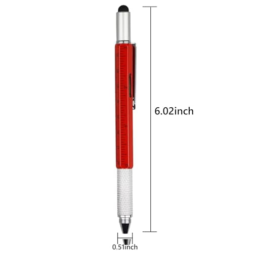 DUNBONG 6-in-1 Multi Tool Pen, Stylus & Screwdriver, 0.7mm Black Ink - Red | Aluminum prismatic non-slip grip | Rotary no-cap design | Ruler & level built-in | Refillable | Long-lasting clip - color: Red