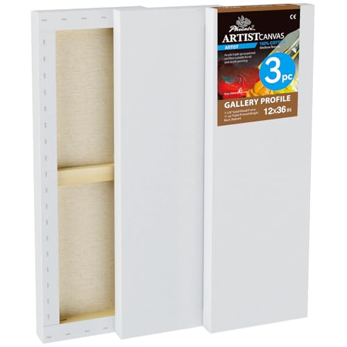 PHOENIX 12x36 Inch 3 Pack Gallery Canvas - 1.5 in Thick Extra Large Skinny Canvases for Painting - Deep Edge 100% Cotton 11 Oz. Gesso Primed White Blank Professional Canvas Oil & Acrylic Paints - size: 12"x36", style: Gallery
