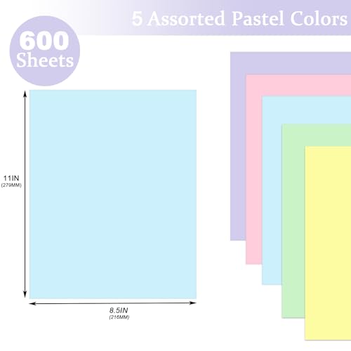 600 Sheets Colored Paper 8.5 X 11 - Color Printer Copy Paper 22lb/80gsm Double Sided Origami for DIY Art Craft,5 Pastel Colors - color: Pastel